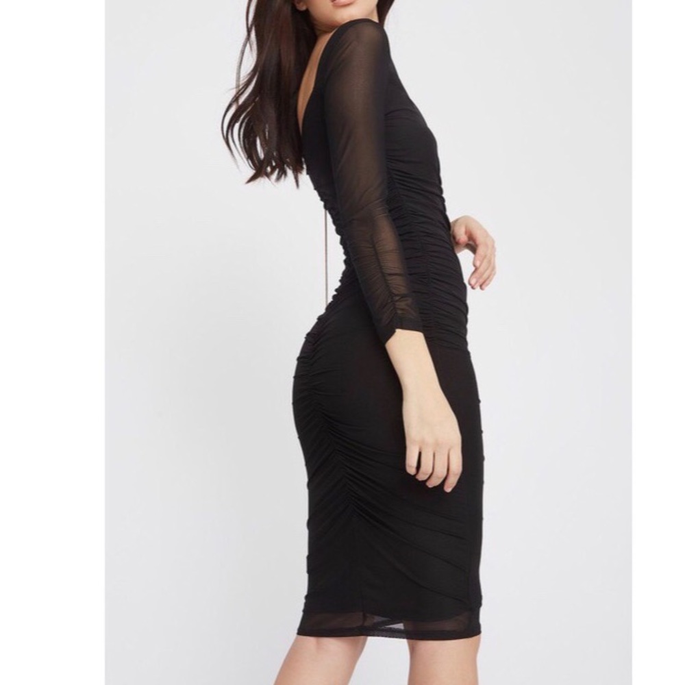 long sleeved ruched mesh midi dress